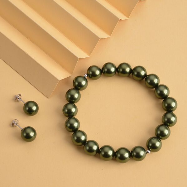 Gr&uuml;nes Muschelkernperlen-Armband und Ohrringe, 925 Silber rhodiniert image number 2