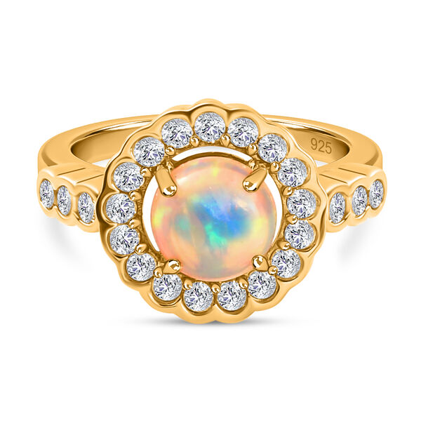 Nat&uuml;rlicher &Auml;thiopischer Opal und Zirkon Halo Ring 925 Silber 585 Vergoldet