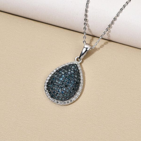 Blauer und wei&szlig;er Diamant-Cluster-Anh&auml;nger mit Kette, 925 Silber platiniert, 1,00 ct. image number 3