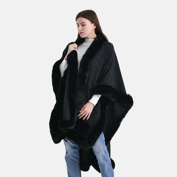 LA MAREY - Poncho mit Kunstfellbesatz und Kristall-Detail, Schwarz, Einheitsgröße image number 4