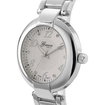 GENOA TIME V2 Uhr mit Japanischem Miyota 2035 Werk, Zifferblatt Silber mit Hydraulik-Design und Wei&szlig;en Kristallen, Edelstahlarmband Silberfarben, 3 ATM wasserdicht