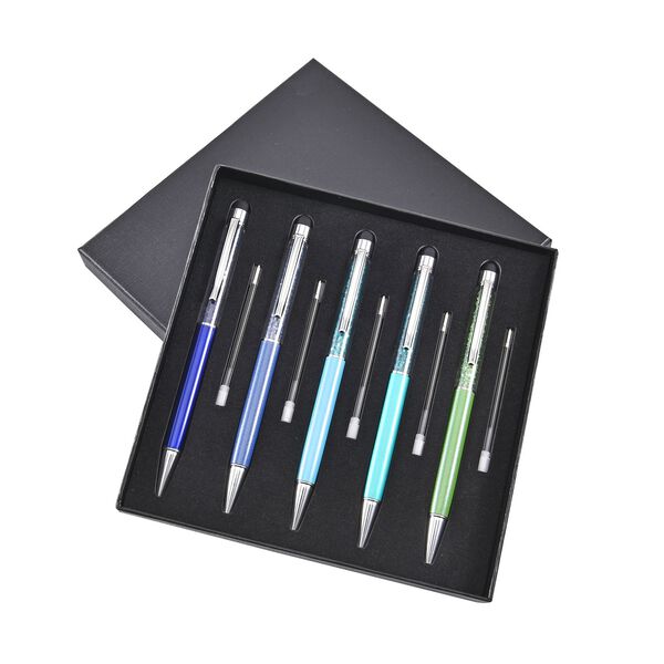 5er Set - Kristall gef&uuml;llte Aluminium-Kugelschreiber, blau/gr&uuml;n image number 5