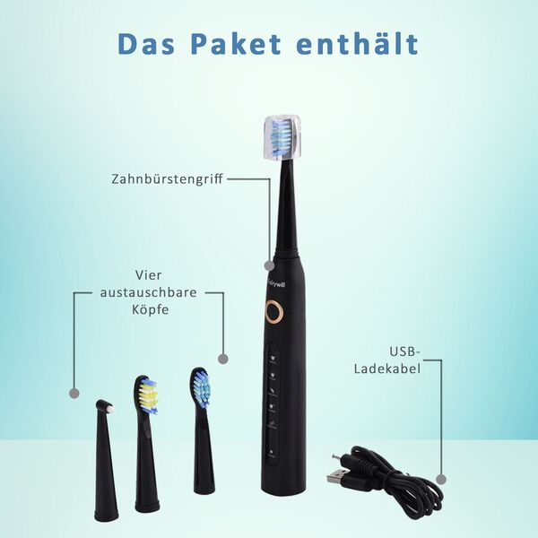 Fairywill- Zahnb&uuml;rste mit 4 B&uuml;rstenk&ouml;pfen, Schwarz image number 7