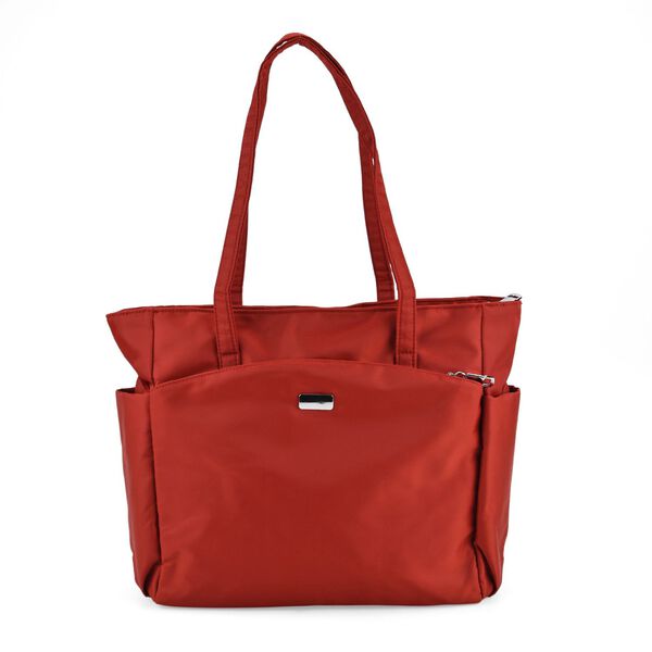 Elegante Signature Handtasche, edles Nylon Design mit 3 Rei&szlig;verschluss Taschen und 2 offenen Au&szlig;entaschen, ca. 30 x 30 x 10 cm, Burgunderrot