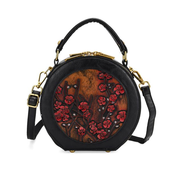 Runde Crossbody-Bag mit Pflaumenbl&uuml;ten-Pr&auml;gung, 19x8x18 cm, Braun