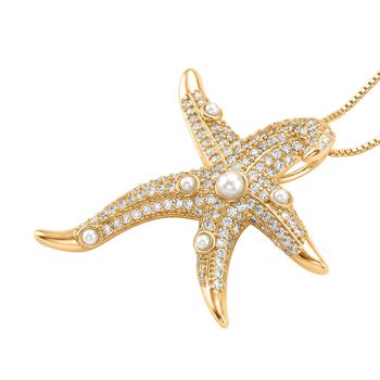 Wei&szlig;er Zirkonia, Wei&szlig;e Muschelkernperle Halskette ca. 52 cm Nickelfreies Messing