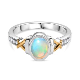 AA Natürlicher, äthiopischer Welo Opal, Weißer Zirkon Ring 925 Silber platiniert und vergoldet (Größe 19.00) ca. 0,61 ct