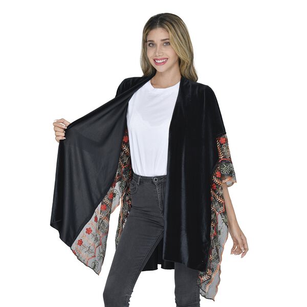 TAMSY - Kimono aus Samt mit Blumenstickerei, Einheitsgröße Schwarz image number 4