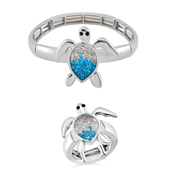 2er Set - Wei&szlig;er Kristall, Blauer Kristall Flexibles Armreif und Flexibler Ring, silberfarben