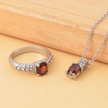 3er Set Roter Granat Anh&auml;nger mit Kette und Ring, 316L Edelstahl , ca. 0.60 ct