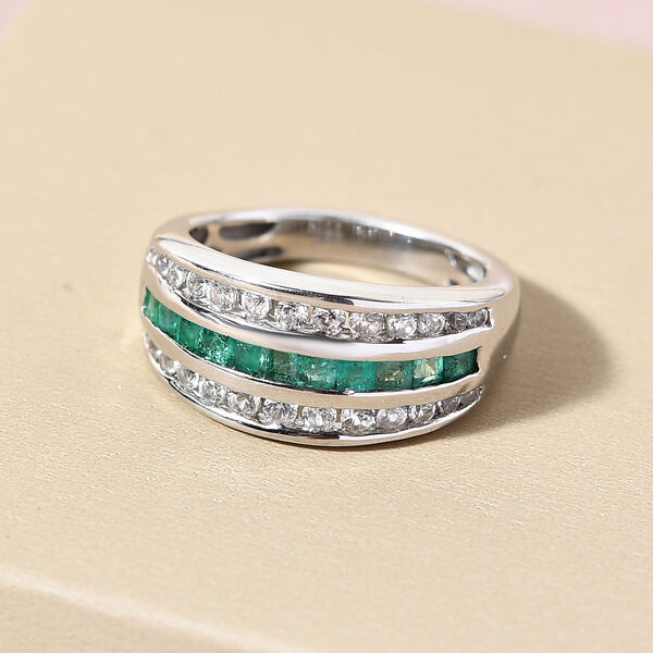 Kagem sambischer Smaragd und wei&szlig;er Zirkon-Ring, 925 Silber platiniert  ca. 1,36 ct image number 2