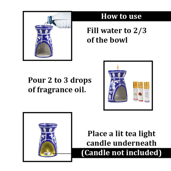 Keramik Duftlampe mit 3 &auml;therischen &Ouml;len, Handbemalt, blau image number 8
