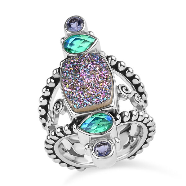 Sajen Silber - Drusy, Pfau Quarz Triplette, Iolit Ring 925 Silber rhodiniert (Größe 18.00) ca. 6.20 ct image number 7