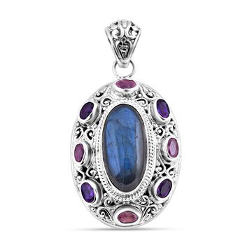 Labradorit, Ilakaka Rosa Saphir (Fissure gef&uuml;llt) Anh&auml;nger 925 Silber ca. 11.40 ct