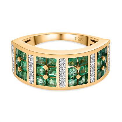 Kagem Sambischer Smaragd, wei&szlig;er Zirkon Ring, 925 Silber Gelbgold Vermeil (Gr&ouml;&szlig;e 19.00) ca. 1.71 ct