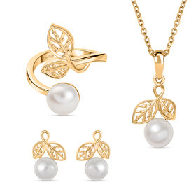 3er Set - Süßwasser Perle (6-8 mm) Anhänger, Ring und Ohrringe, (Größe 19.00), goldfarben