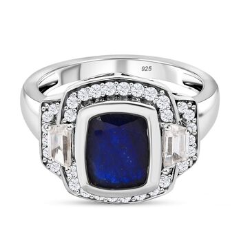 Masoala Saphir (Fissure gef&uuml;llt), Wei&szlig;er Zirkon Ring 925 Silber platiniert (Gr&ouml;&szlig;e 17.00) ca. 4.33 ct