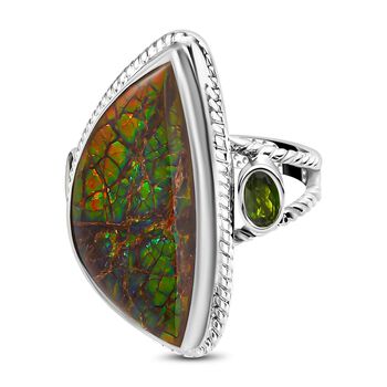 Kanadischer Ammolit und nat&uuml;rlicher Chromdiopsid Ring, 925 Silber platiniert (Gr&ouml;&szlig;e 16.00) ca. 14.44 ct