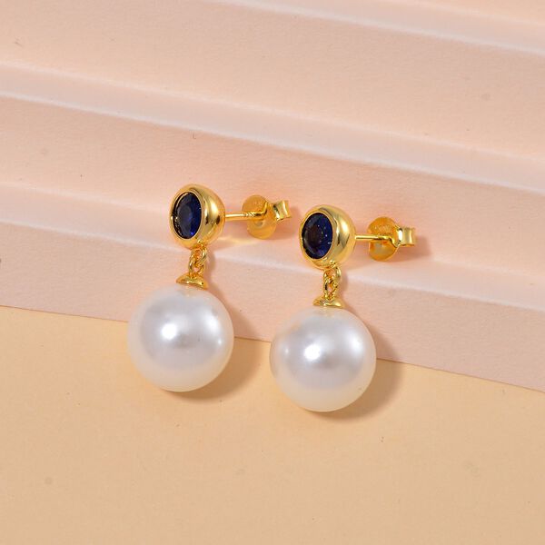 Wei&szlig;e Muschelkernperle, Masoala Saphir (Fissure gef&uuml;llt) Ohrringe 925 Silber vergoldet image number 1