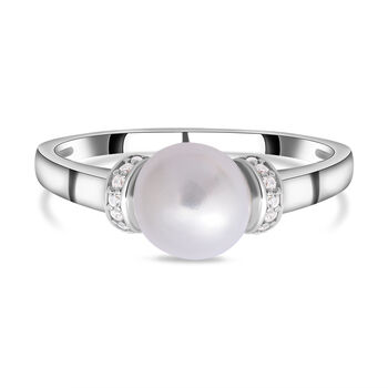 S&uuml;&szlig;wasserperlen und wei&szlig;er Zirkonia-Ring, 925 Silber rhodiniert (Gr&ouml;&szlig;e 16.00) ca. 0,21 ct