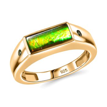 Ammolit, Nat&uuml;rlicher Chromdiopsid Baguetteschliff Ring, 925 Silber, 750 Gelbgold Vermeil (Gr&ouml;&szlig;e 20.00) ca. 1.11 ct