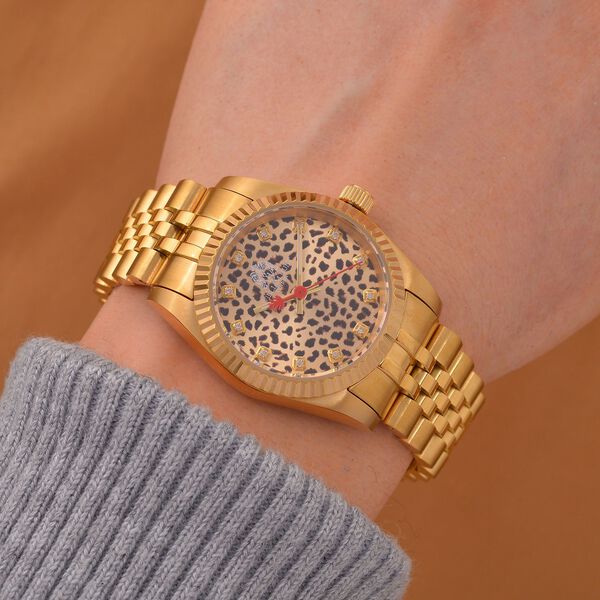 WILLIAM HUNT Moissanit-Akzent-Uhr, Schweizer Uhrwerk und Gold-Schneeleoparden-Zifferblatt image number 1