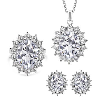 3er Set- Wei&szlig;er Zirkonia-Ring, Anh&auml;nger und Ohrringe, Messing ca. 27,00 ct