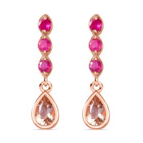 AA Morganit, Afrikanischer Rubin (Fissure gefüllt) Ohrringe 925 Silber 750 Roségold Vermeil ca. 1,44 ct.
