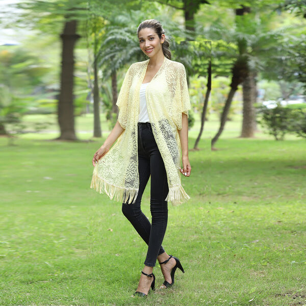 JOVIE Spitze Cardigan mit Quaste, Einheitsgröße, gelb image number 3