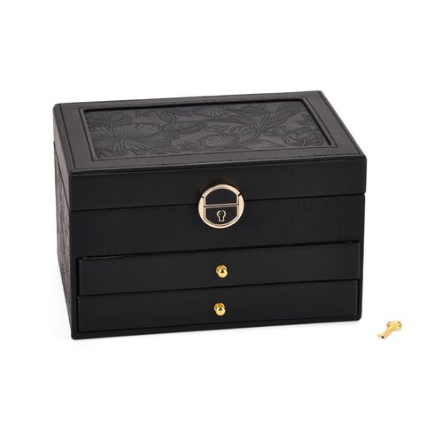 "PU 3 layer Jewelry box with debossed flower pattern, 22x17x13cm, Black " image number 1