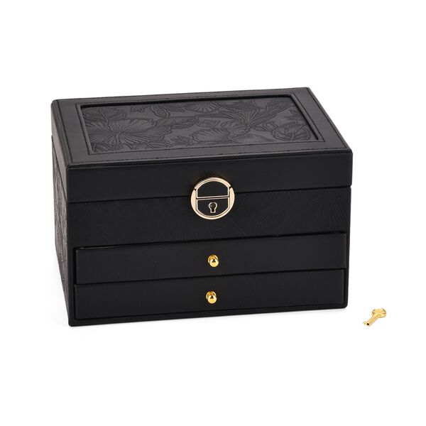 3-lagige PU Schmuckk&auml;stchen mit gepr&auml;gtem Blumenmuster, 22x17x13 cm, Schwarz image number 2