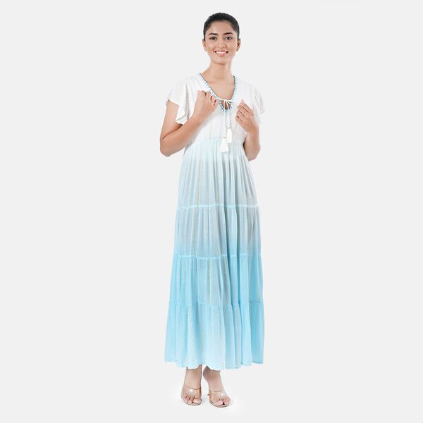 Maxikleid aus Viskose-Crepe mit Lurex Ombre-Schal mit Quasten aus Poly-Seide-Modal und Crossbody Tasche Mintgr&uuml;n image number 5