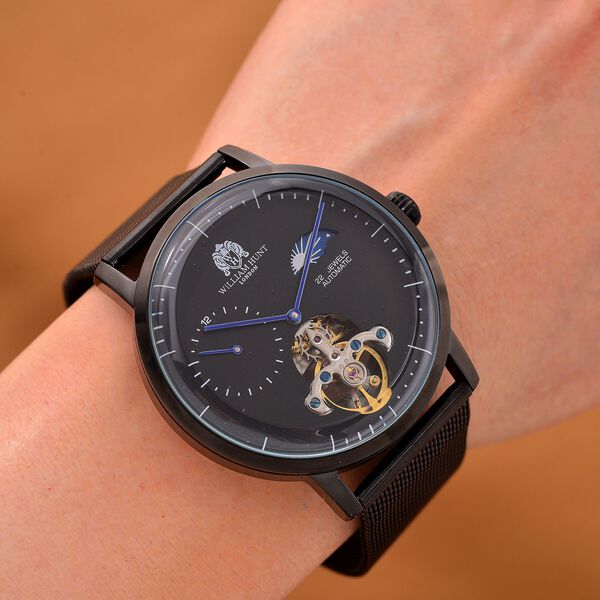 William Hunt Automatik-Uhr - IP-schwarzbeschichtetes Edelstahlgehäuse, schwarzes Multifunktionszifferblatt mit gewölbtem Glas, Edelstahl-Mesh-Armband, Glasboden, 5 ATM wasserdicht, Reiner Edelstahl image number 2