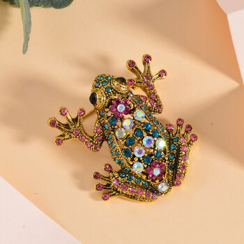 Mehrfarbiger Kristall Brosche,  Antikes Gold, Frosch