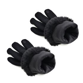 Kaschmir-Handschuhe mit Kunstfellbesatz und Touchscreen-Funktion, One Size, Schwarz