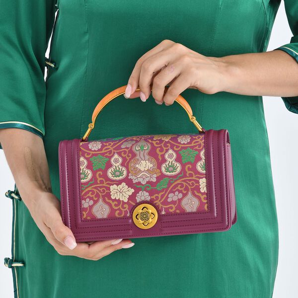 LA MAREY Signature Brokat Umh&auml;ngetasche mit Drehverschluss, Seide und Echtleder, 23 x 10 x 13.5 cm, Lila image number 3