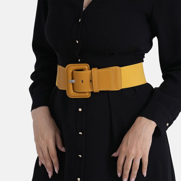 Taillengürtel mit quadratischer Schnalle, Breiter Stretch, 45 x 6 cm, Senf image number 3