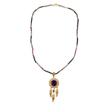D'joy Afrikanischer Amethyst, Mehrfarbig-Turmalin Anh&auml;nger mit Kette, 925 Silber 750 Gelbgold Vermeil ca. 46.89 ct