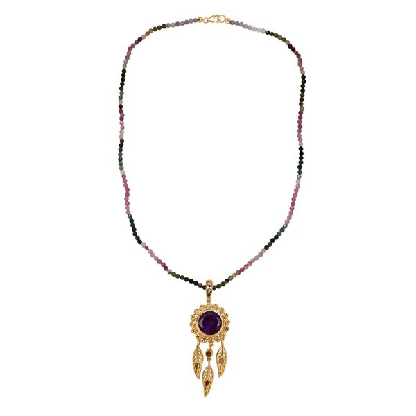 D'joy Afrikanischer Amethyst, Mehrfarbig-Turmalin Anh&auml;nger mit Kette, 925 Silber 750 Gelbgold Vermeil ca. 46.89 ct image number 4