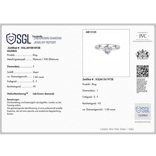 LUXURIANT DIAMOND- SGL zertifizierter VS-EF Labor Herz Diamant Ring in 950 Platin - 1 ct. image number 5