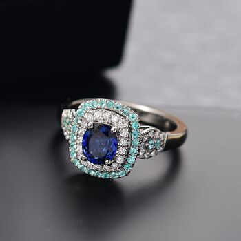 RHAPSODY zertifiziert und gepr&uuml;ft AAAA ceylonfarbener blauer Saphir, Paraiba Turmalin und VS Diamant Ring in 950 Platin - 1,84 ct.