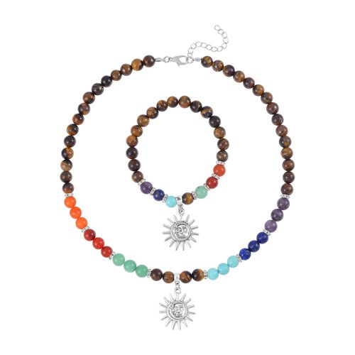 2er Set - Sonnensymbol Anhänger Set mit Mehrfarbigen und Tigerauge Edelsteinperlen Chakra Halskette und Armband image number 0
