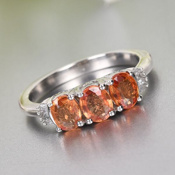 Orange Saphir und Diamant 3 Stein Ring 925 Silber Platin-&Uuml;berzug image number 2
