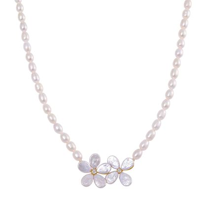 Keshi Perle (12x9 mm), Wei&szlig;e S&uuml;&szlig;wasser Perle (7-8mm) Halskette ca. 50 cm 925 Silber vergoldet