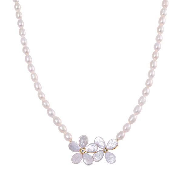 Keshi Perle (12x9 mm), Wei&szlig;e S&uuml;&szlig;wasser Perle (7-8mm) Halskette ca. 50 cm 925 Silber vergoldet