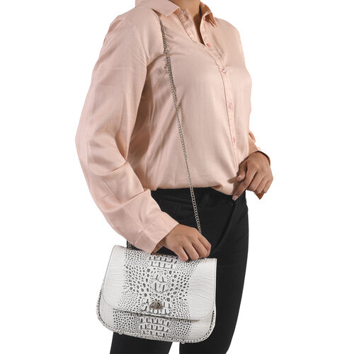 Umhängetasche aus echtem Leder mit Kroko-Prägung und Kettenriemen, Beige image number 1
