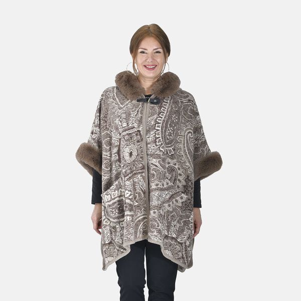 LA MAREY - Kunstfell Poncho mit Kapuze, One Size, Braun image number 4
