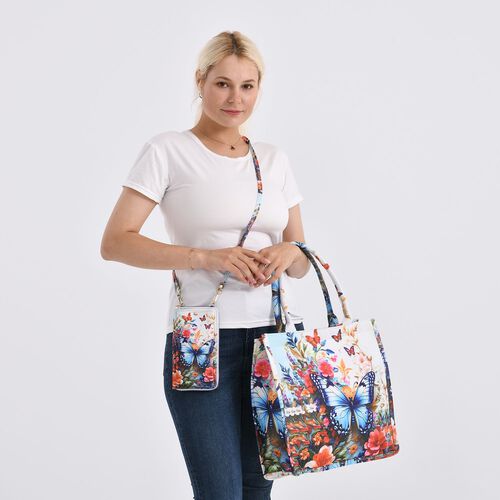 2-teiliges Taschenset - 40x12x35cm Shopper und 20x11x2cm Handytasche, Schmetterlingsmotiv image number 1