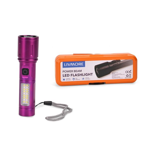 LIVMORE 6 in 1 LED-Taschenlampen aus Metall mit SOS Funktion, wiederaufladbar, 14x3,5 cm, Lila image number 6
