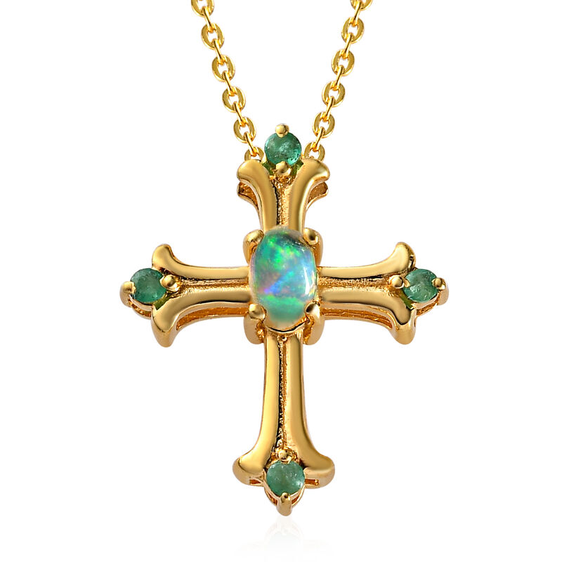 Natürlicher, äthiopischer Opal und Smaragd Kreuz-Anhänger mit Kette in Silber image number 0